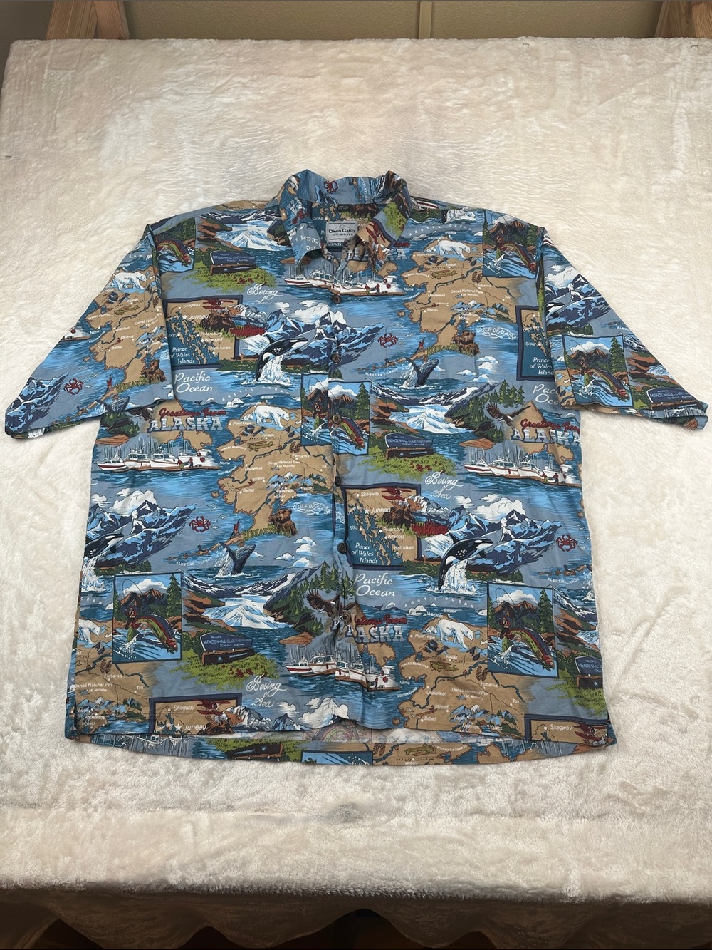 David Carey Originals Alaska Hawaiian Camp Shirt Mens 3XL Map Wildlife Blue